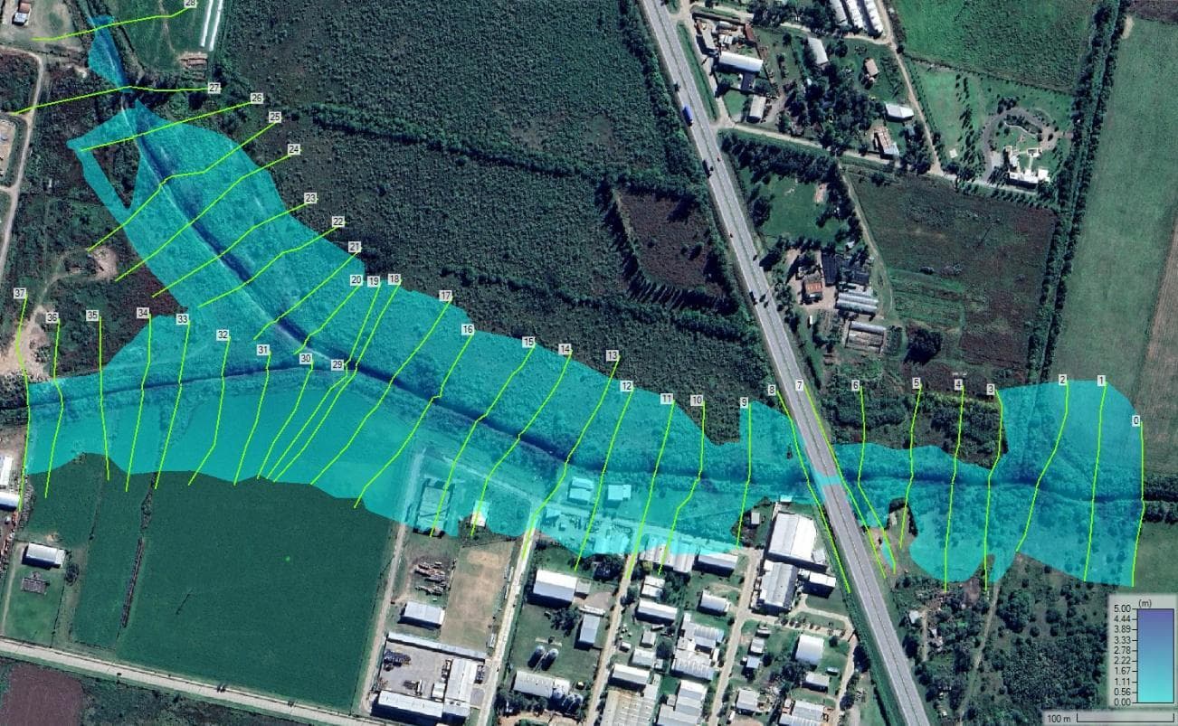 Mancha de inundación y tirantes para recurrencia T=100 años